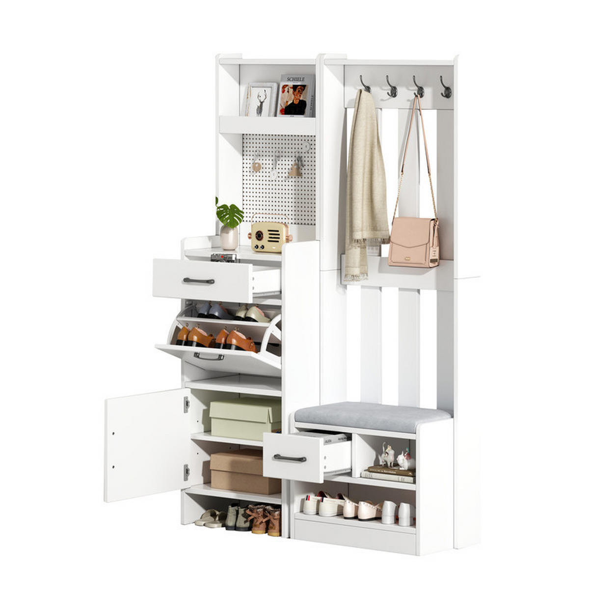 GARDEROBEN-SET mit Schuhbank und 7 Haken 110x35x175.5 cm - Weiß, Holzwerkstoff (35/175.5/110cm) - Fuleadture