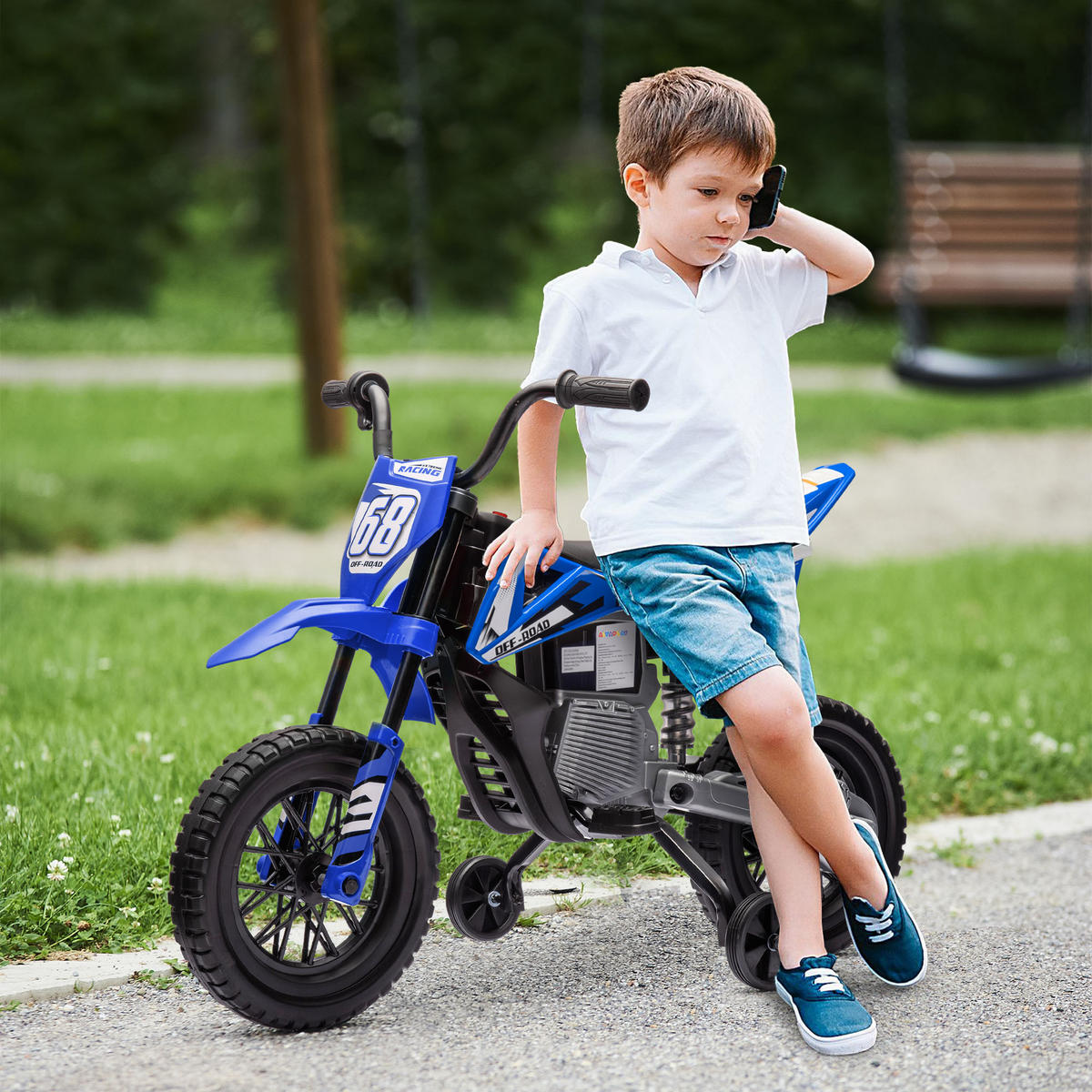 ELEKTRO-MOTORRAD DE-06221 12V mit Trainingsrädern und Musik Blau - Blau, Kunststoff/Metall (107/56/70cm) - ComfortXL