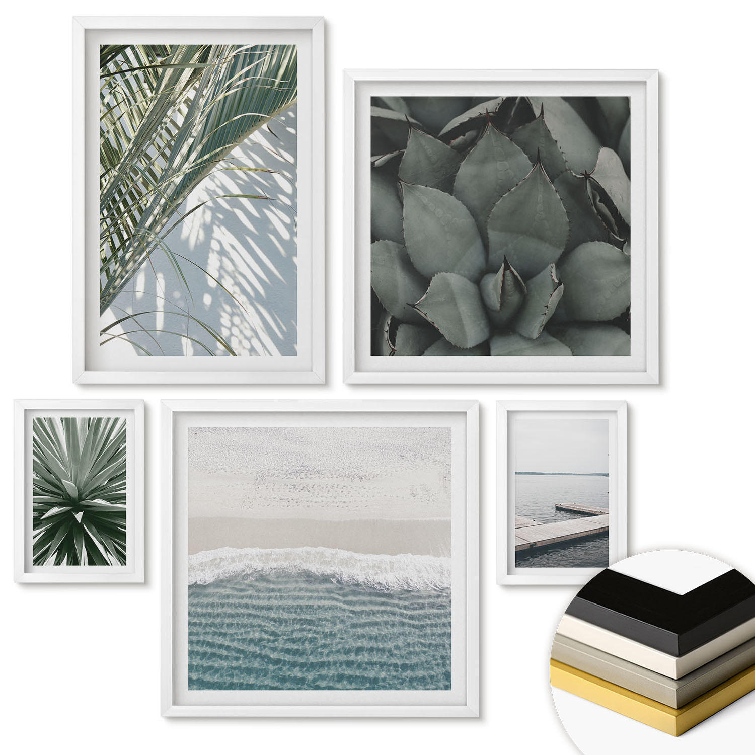 WANDBILDER 5er-Set - 50x50 cm & 20x30 cm & 40x60 cm Weißer Rahmen - Hängebrücke aus Palmenblättern - Weiß, Kunststoff (40/60cm) - ArtPrintCave