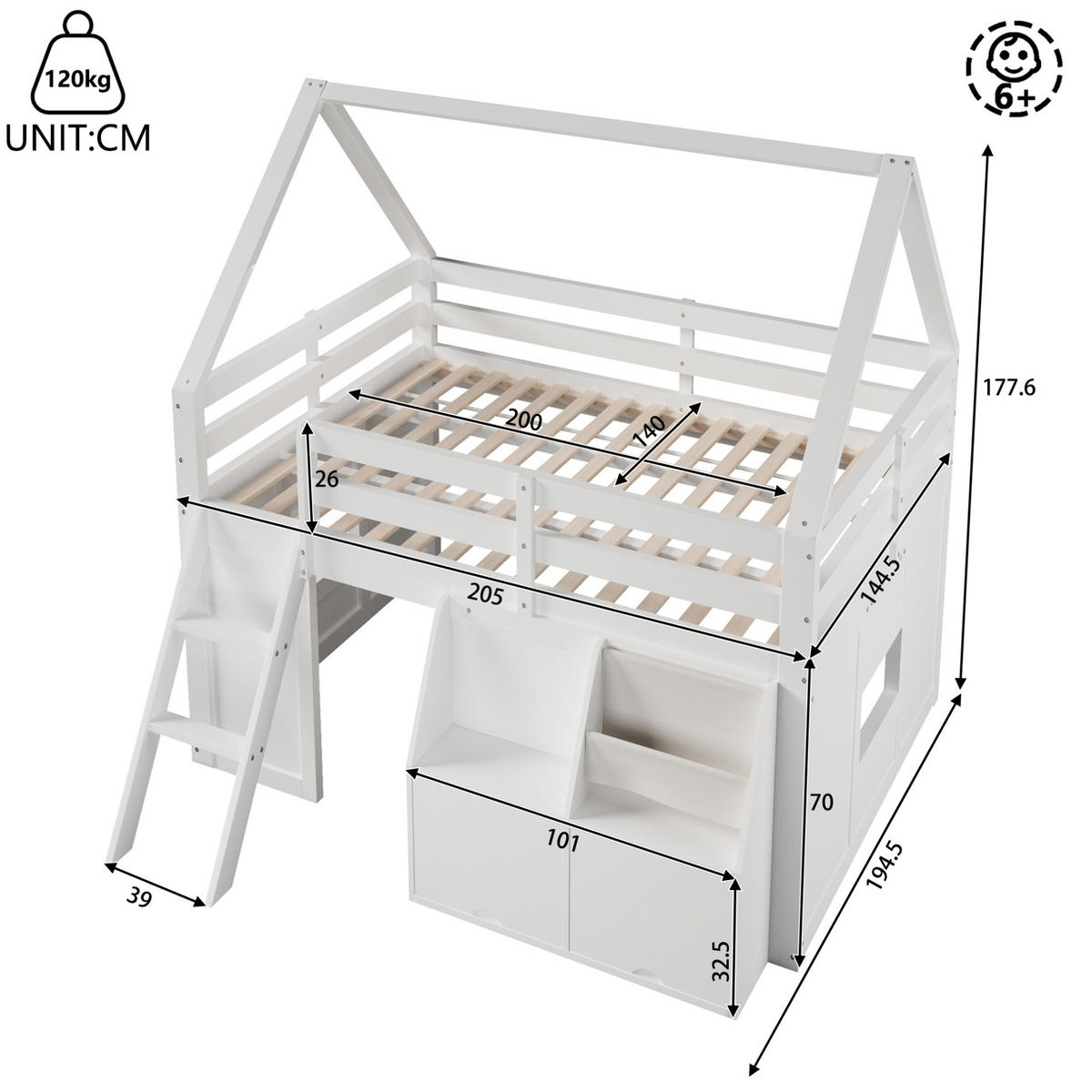 HOCHBETT aus Holz 140x200 cm Weiß mit Treppe, LED-Beleuchtung, Aufbewahrungsboxen und Stofftaschen - Weiß, Holz (140/200cm) - Modfu