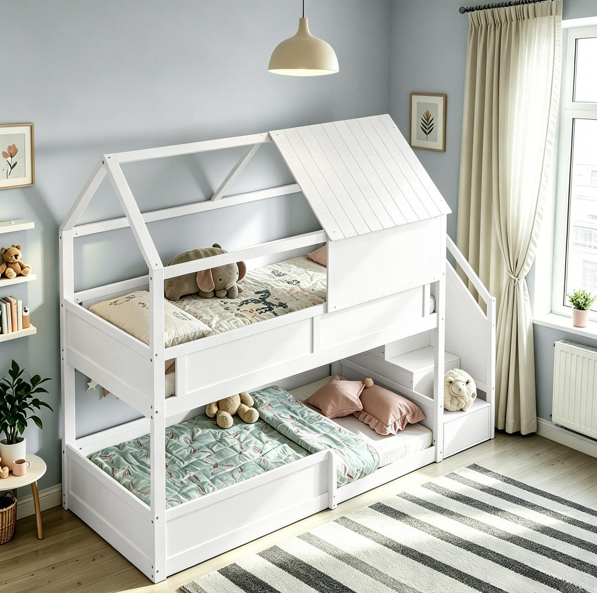 ETAGENBETT 80x200 cm in Weiß mit Dachdesign, Treppe und Sicherheitsgeländern - Weiß, Holz (80/200cm) - IVMEU