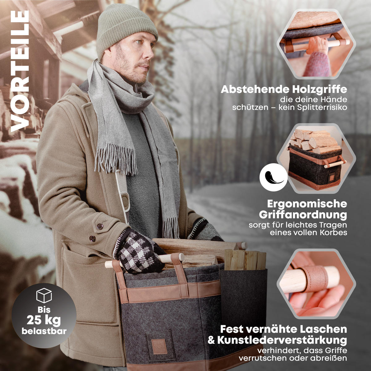 KAMINHOLZKORB FireMaster Duo 2er-Set Filz mit einhängbarem Zündholzkorb 42/32/35 cm - Dunkelgrau, Textil (32/35/42cm) - OAKAGE