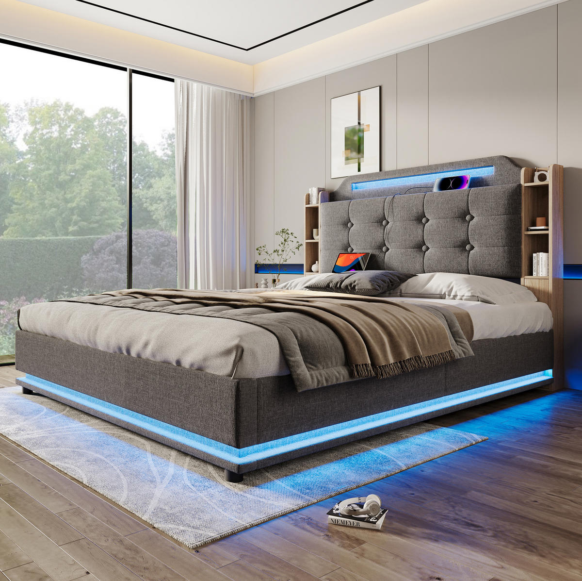 POLSTERBETT mit Bettkasten 140x200 cm Leinen Grau mit LED - Grau, Metall (140/200cm) - Meubliv