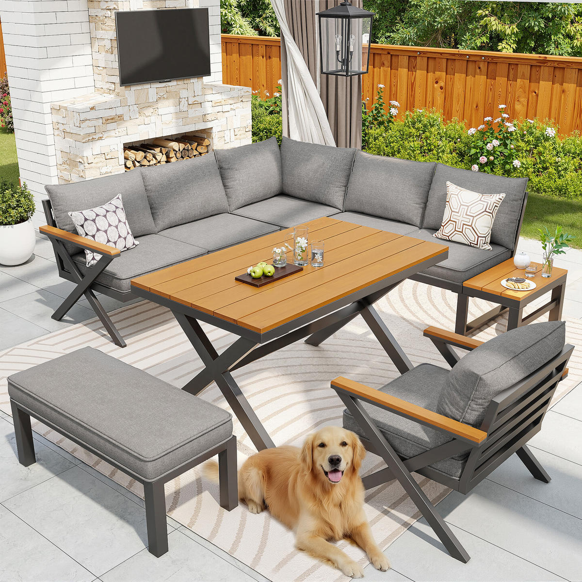 GARTENSETS aus Eisen Grau mit modularer Sitzgruppe im X-Design - Grau, Metall - Modfu