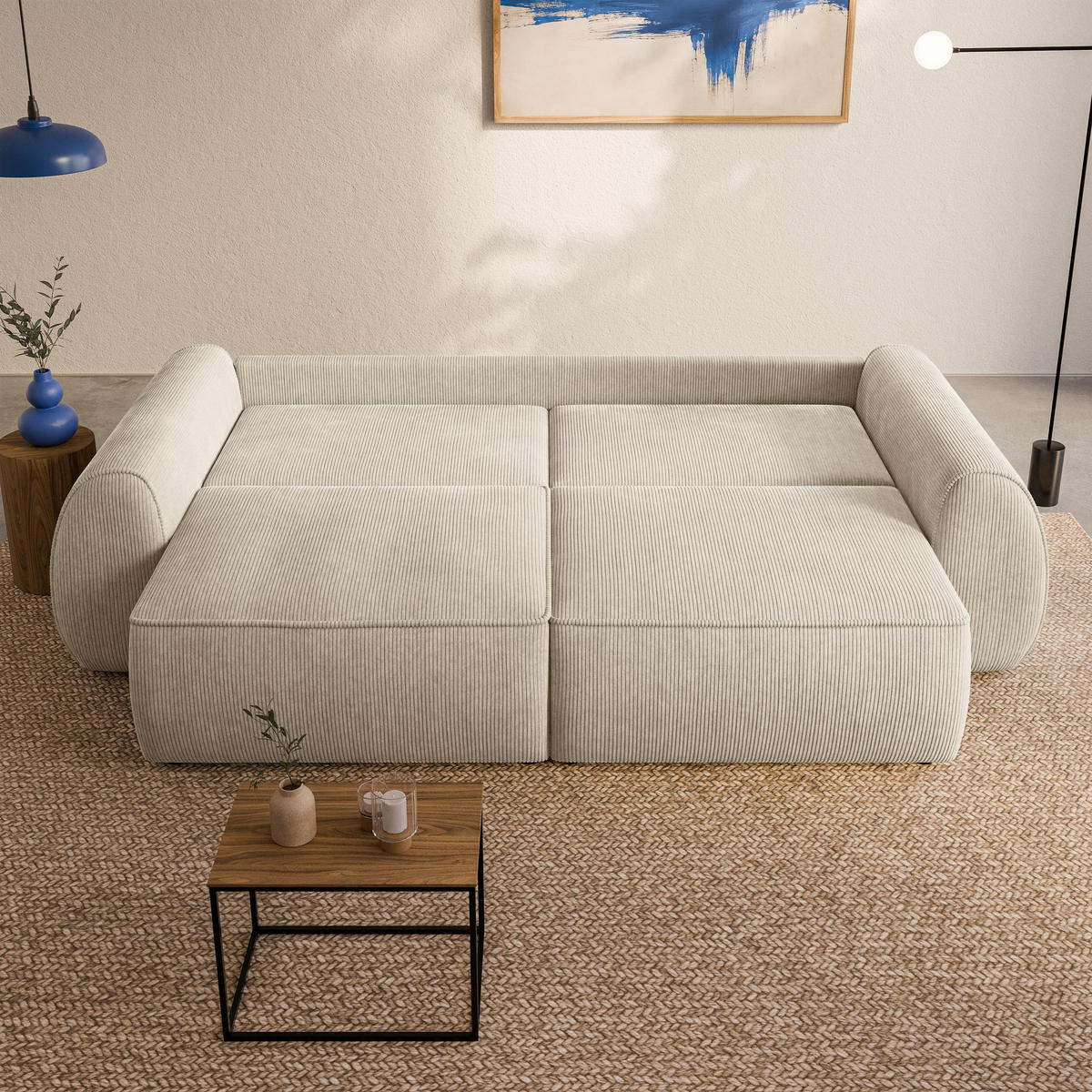 BETTSOFA ZEFEO Creme Kordstoff mit Schlaffunktion - Creme, Textil (264/96/106cm) - MASSENO