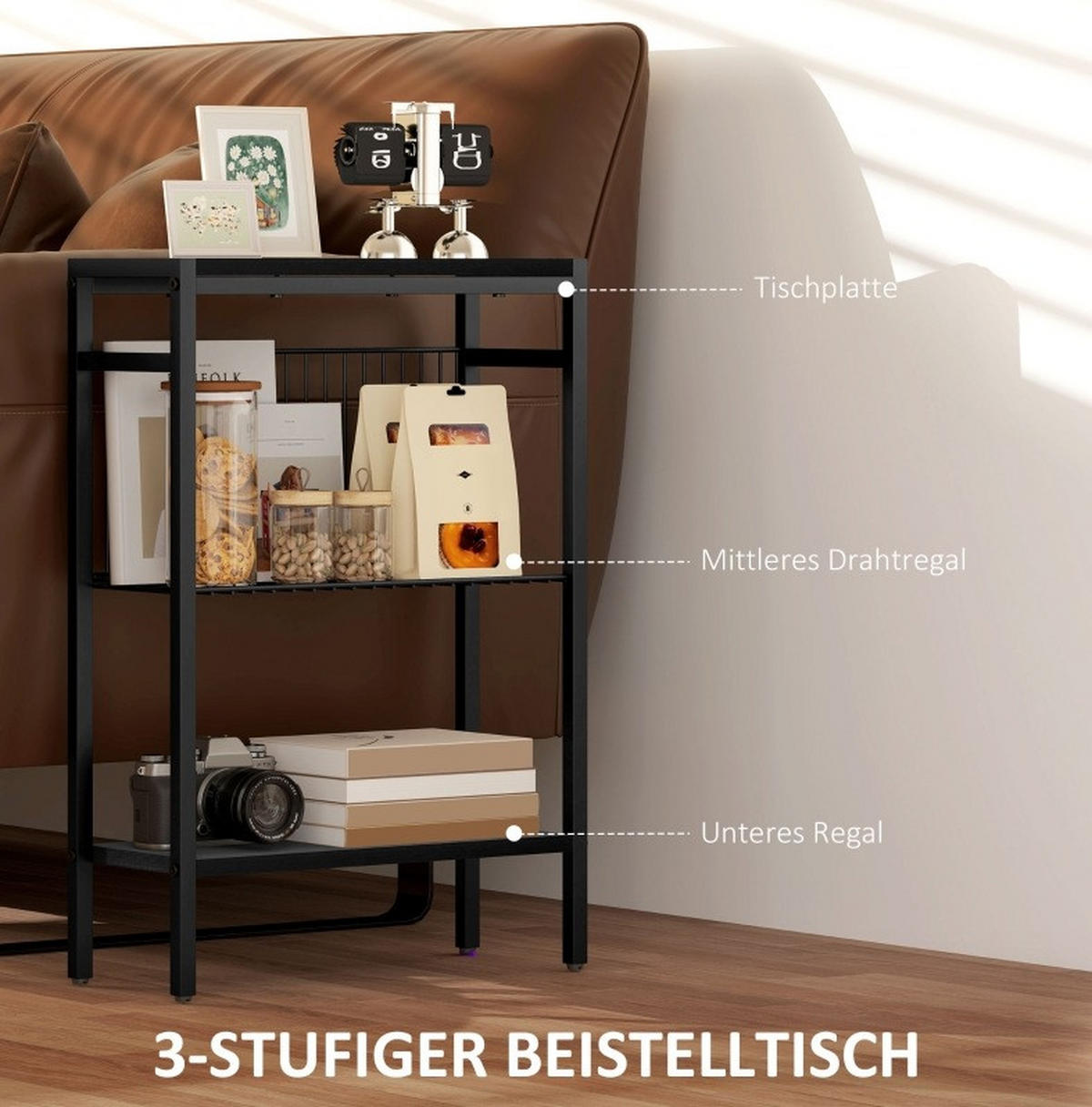 BEISTELLTISCH mit Stahlrahmen 43x18x62,5 cm Schwarz mit 3 Ablagen - Schwarz, Holzwerkstoff (43/18/62.5cm) - IVMEU