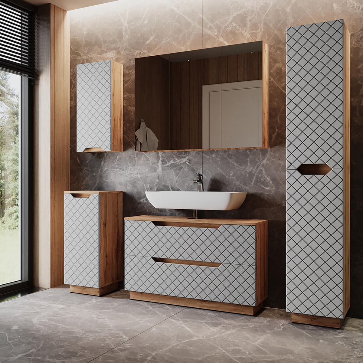 BADMÖBEL-SET Lotta Eiche/Grau mit Kachelstruktur 5 Teile - Eichefarben/Grau, Holzwerkstoff (99.4/62.5/32cm) - Vicco