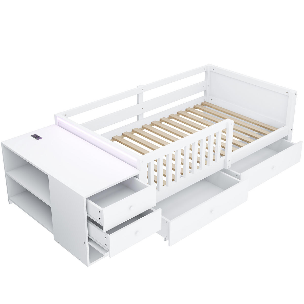 KINDERBETT 90/200 cm in Weiß mit 2 Schubladen, Regalen, Klapptür, Steckdose und LED aus Holz - Weiß, Holzwerkstoff (90/200cm) - STILVORA