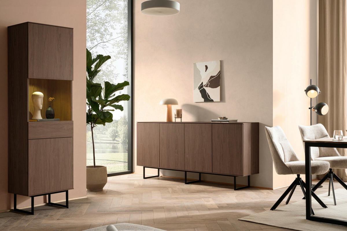 VITRINE in Nussbaum 58 x 200 cm, Vitrinenschrank mit Push-to-Open - Nussbaumfarben/Schwarz, Glas/Holzwerkstoff (58/200/40cm) - Furn.Design