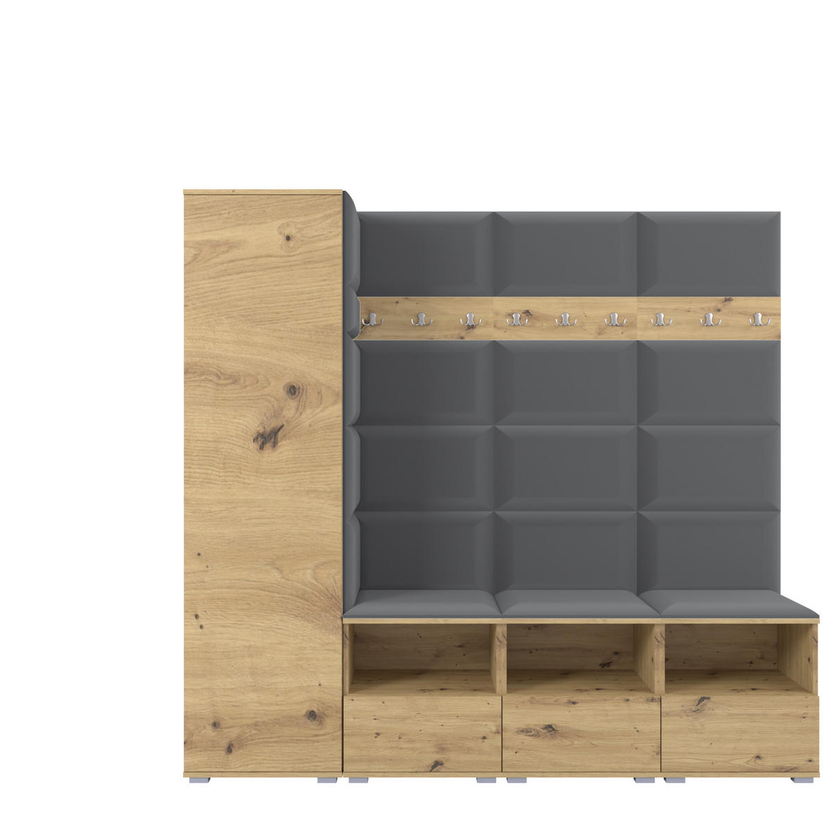 GARDEROBE NELA IX 200 cm (Modulare Flurmöbel Artisan Eiche mit Sitzpolster Dunkelgrau 15 Breite Sitzbank) - Dunkelgrau/Silberfarben, Holz/Holzwerkstoff (200/187/40cm) - Ravio