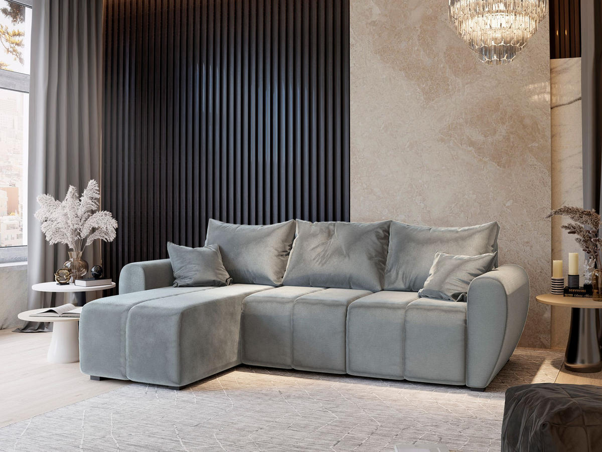 ECKSOFA MADISON Hellgrau Plüsch-Stoff mit Schlaffunktion - Hellgrau, Holz (246/143cm) - MASSENO