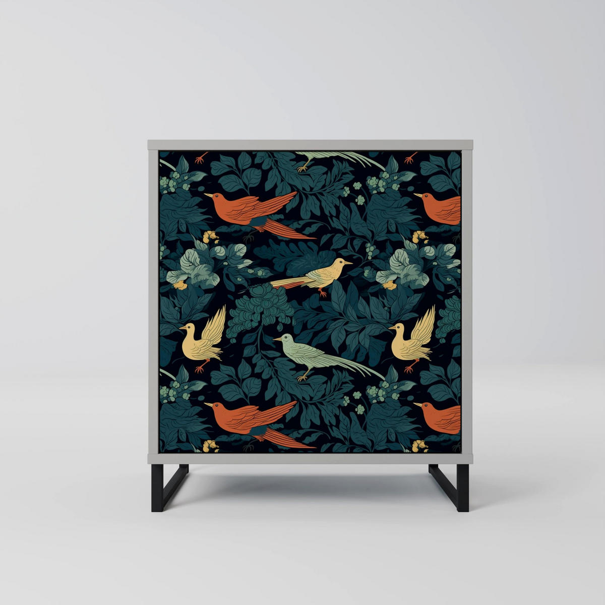 SIDEBOARD FOWL ORNAMENT, Grau, 57,5x42x67,5 cm, Schwarze Metall-Rahmenfüße - Multicolor/Schwarz, Holzwerkstoff/Metall (57.5/67.5/42cm) - SpaceRebels