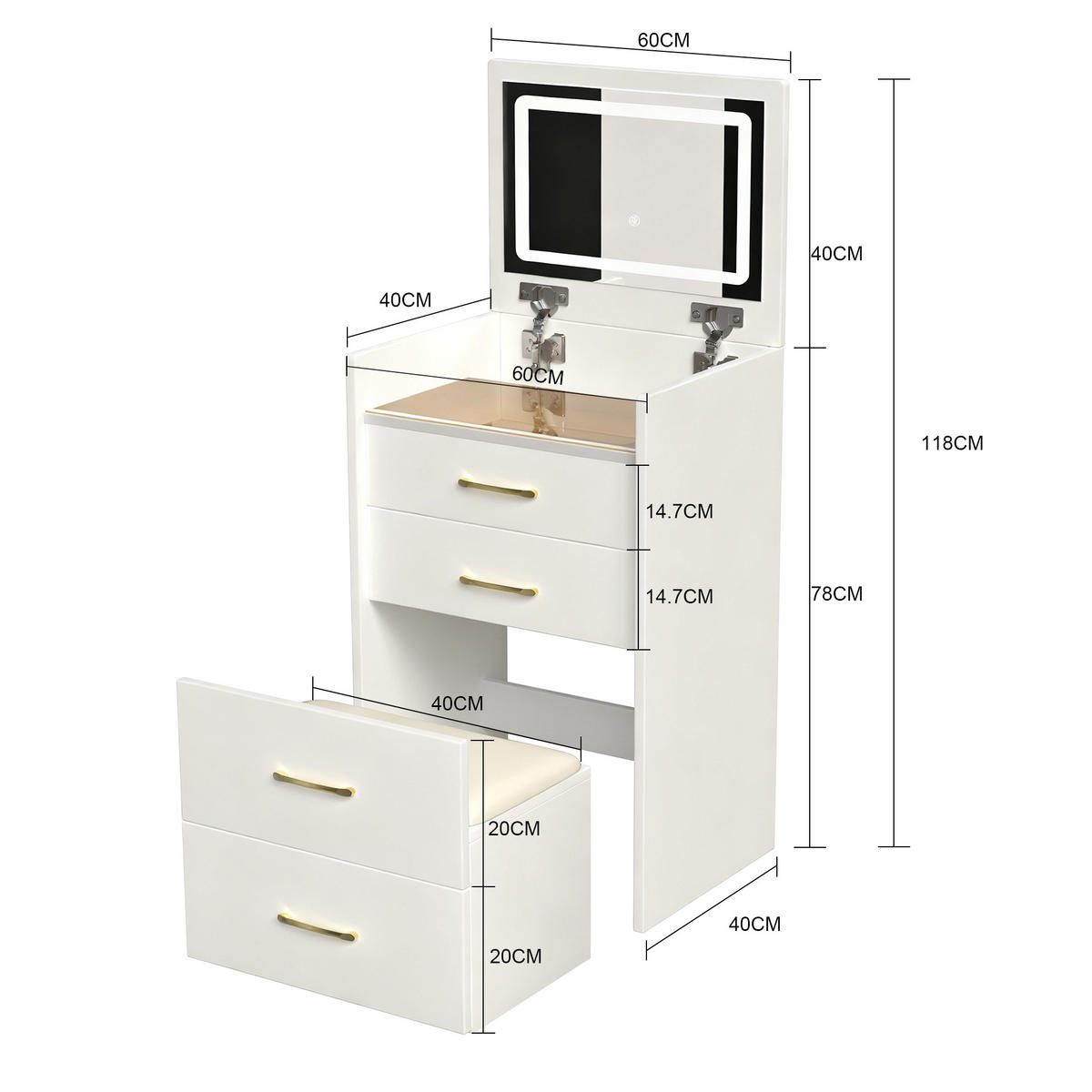 SCHMINKTISCH in Weiß Frisiertisch mit Spiegel Glasplatte 3 Schubladen ,für Wohnzimmer, B60/T40/H118cm - Weiß, Glas/Holzwerkstoff (60/118/40cm) - STILVORA