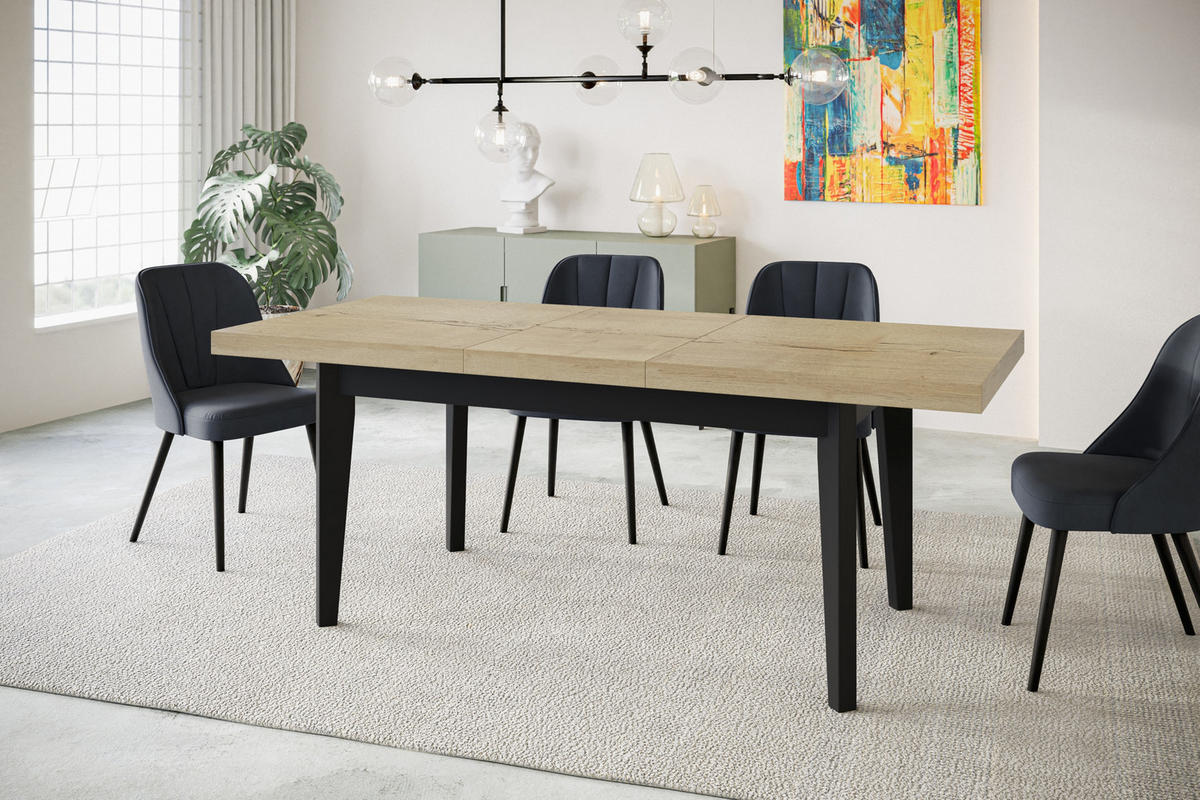 ESSZIMMERTISCH SKANDI, ausziehbarer Tisch: 120-160X80X78 cm, Farbe: HALIFAX, mit Holzbeinen in Farbe Schwarz - Schwarz/Naturfarben, Holzwerkstoff (120/80/78cm) - Alpi-Möbel