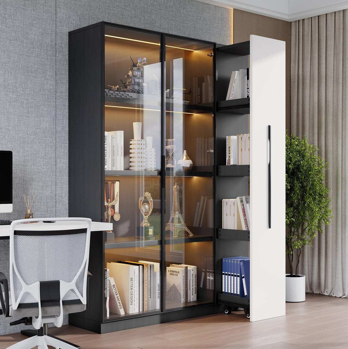 VITRINE 110,5/35/160 cm aus MDF und Glas mit LED-Vitrine und seitlichem Auszug Schwarz/Weiß - Schwarz, Holzwerkstoff (110.5/160/35cm) - Modenvie