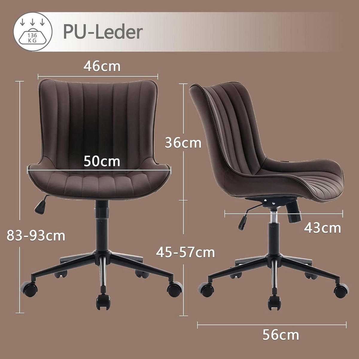 BÜROSTUHL Ergonomisch PU-Leder Braun - Braun, Kunststoff (53/93/46cm)