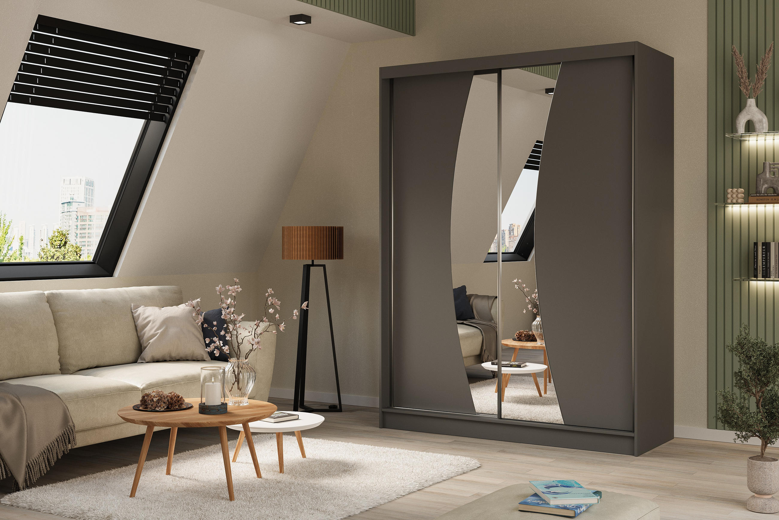 KLEIDERSCHRANK mit Spiegel-Schiebetüren und Aluminium-Leisten - VOXI - 160 cm Grau - Grau, Holzwerkstoff (160/216/61cm) - ALTDECOR