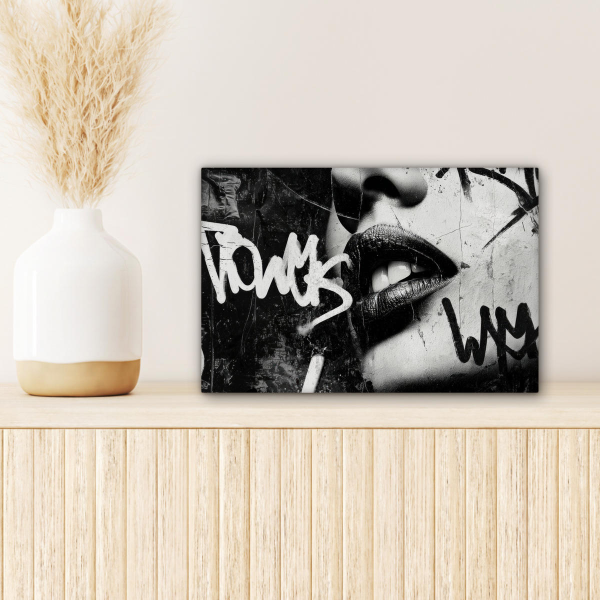 LEINWANDBILD Gesicht - Mund - Graffiti - Schwarz Deko Schlafzimmer 30x20 cm - Schwarz, Textil (30/20cm) - MuchoWow