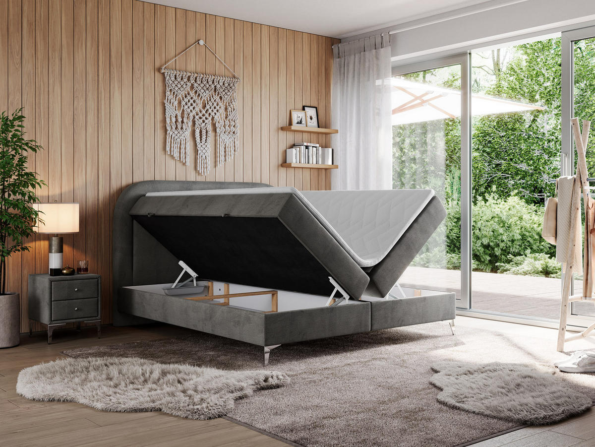 BOXBETT EIRA 120/200 Dunkelgrau Velvet - H3 - Dunkelgrau/Silberfarben, Holz/Textil (120/200cm) - MKS