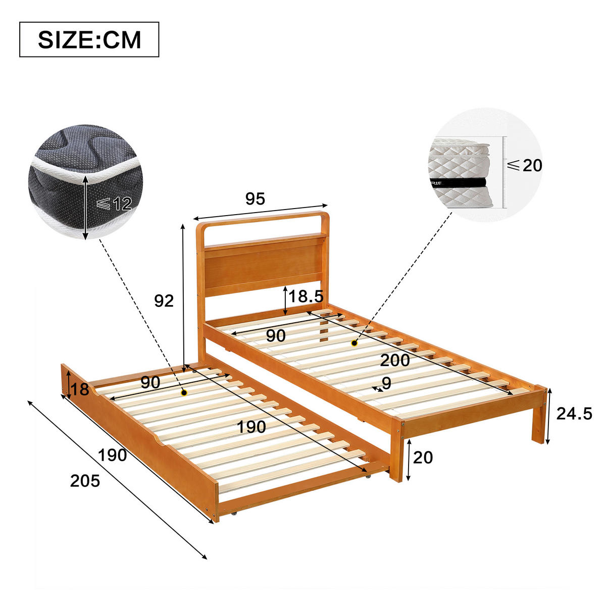 BETT 90/200 cm & 90/190 cm in Natur mit Ausziehbett und abgerundetem Kopfteil Holzdesign - Naturfarben, Holzwerkstoff (90/200cm) - STILVORA