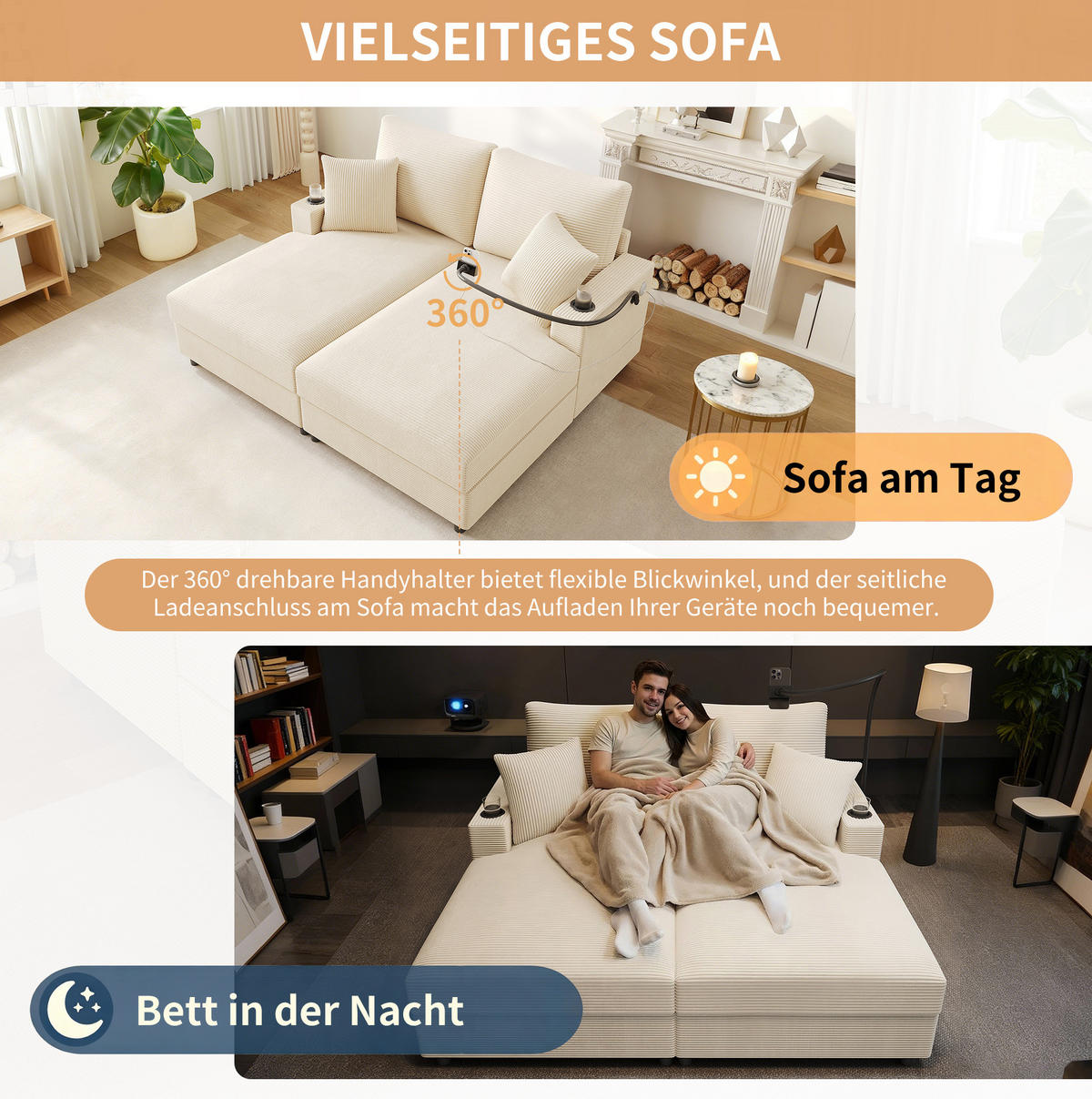 SCHLAFSOFA 163/140/82 cm in Beige – mit USB-Anschluss und Getränkehaltern - Beige, Textil (140/82/163cm) - BEAOK