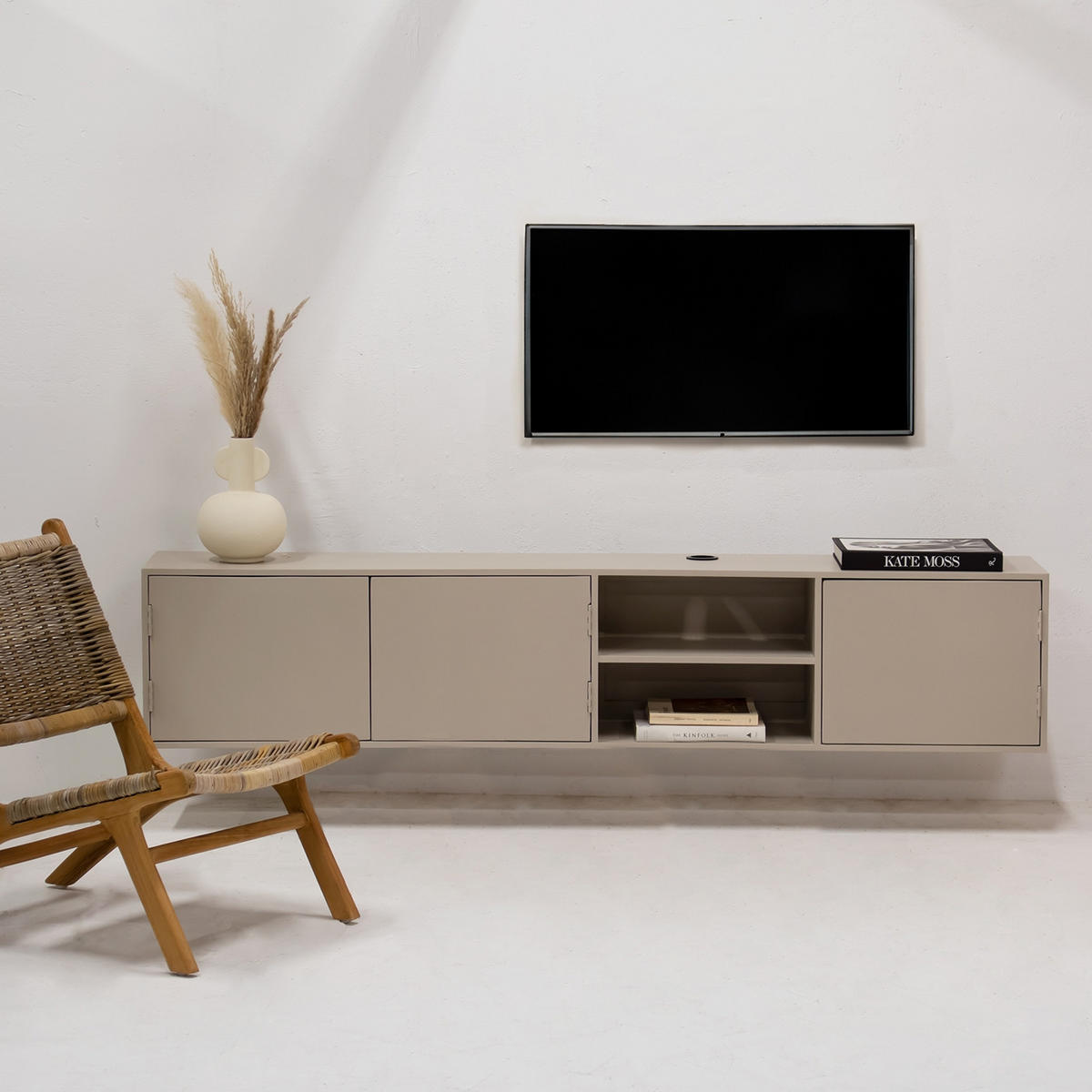 SCHWEBENDES TV-Möbel mit 3-Türen aus Mangoholz 200cm, taupe - Taupe, Holz (200/40/30cm) - Giga Meubel