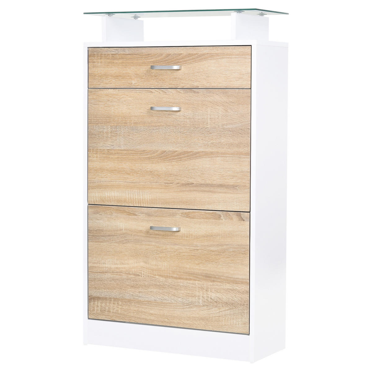 SCHUHSCHRANK DE-14965 2 Klapptüren & Schublade mit Glasablage Eiche - Weiß, Holzwerkstoff (60/105/24cm) - ComfortXL