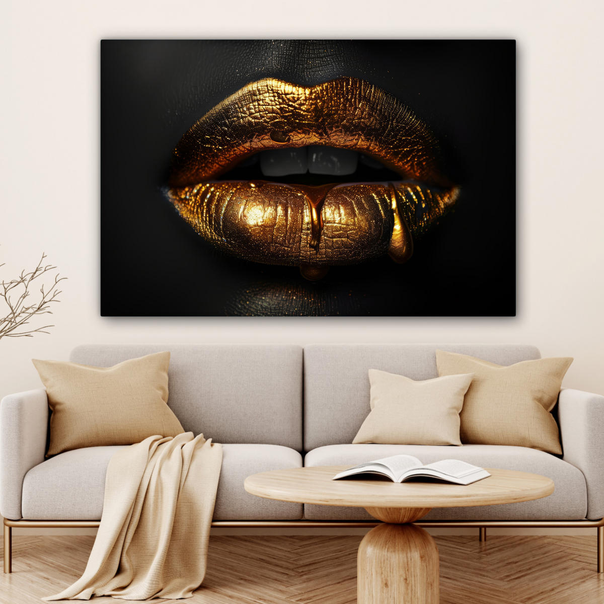 LEINWANDBILD Frau - Porträt - Lippen - Gold - Schwarz Groß 140x90 cm - Schwarz, Textil (140/90cm) - MuchoWow