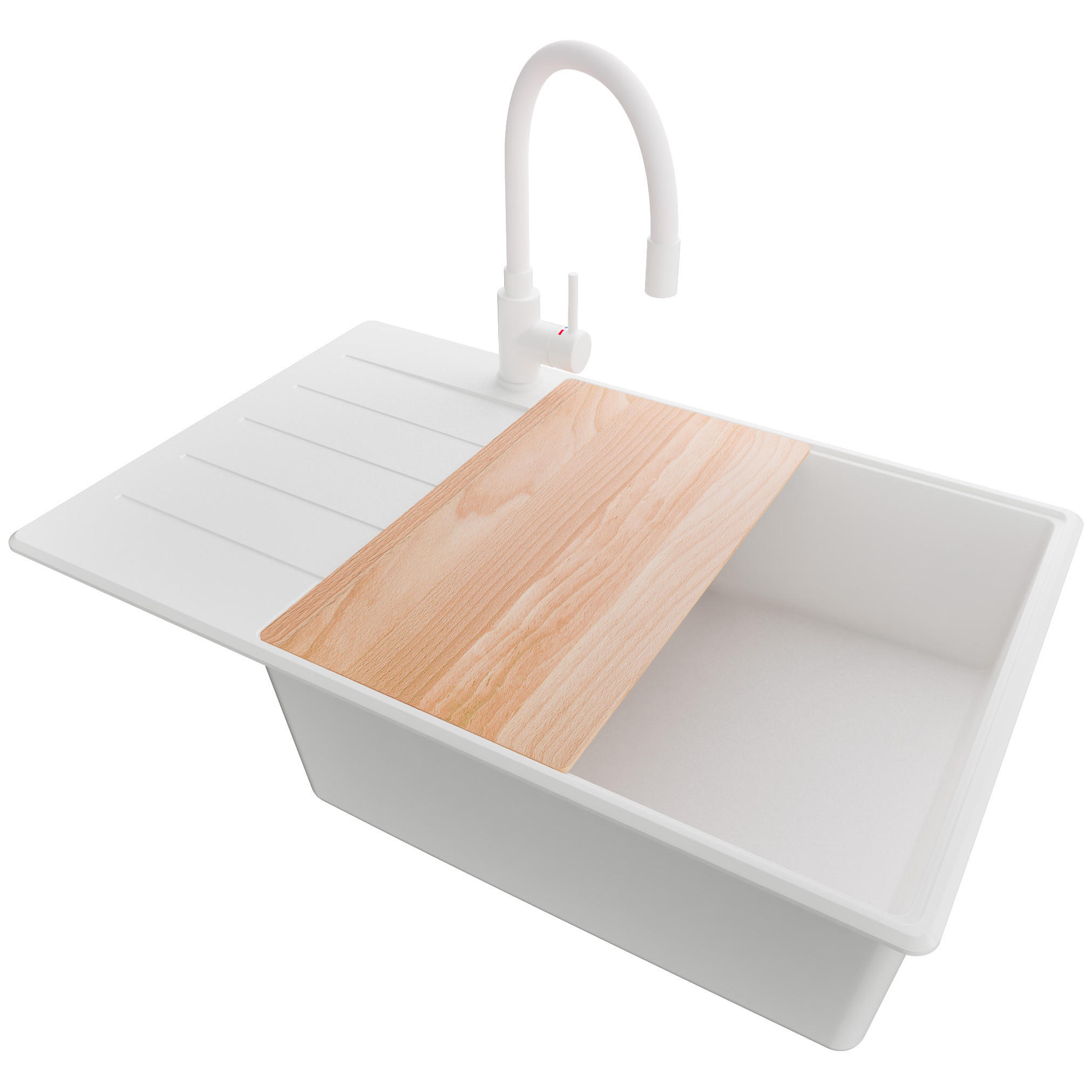 GRANITSPÜLE Kopenhagen, 2-er set Alles Weiß 78/50 cm 1 Becken + Küchenarmatur 38/14 cm + Ablauf-Set + Schneidebrett ab 60er Unterschrank - Beige/Weiß, Kunststoff (78/20/50cm) - Primagran