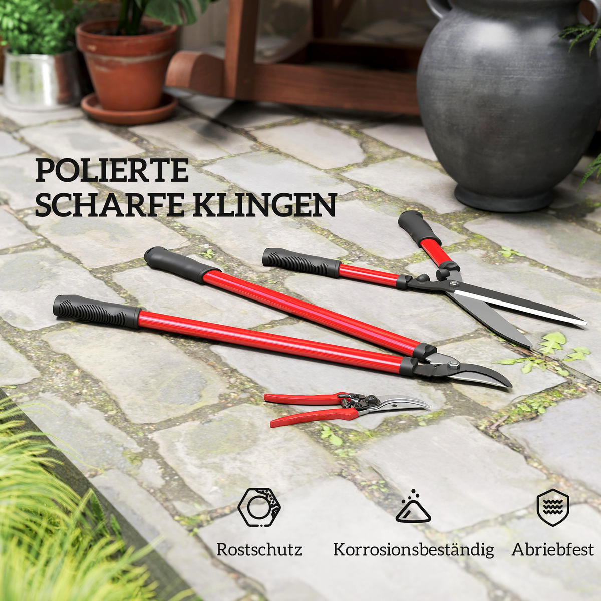 GARTENSCHERENSET 3-teilig aus Metall, Kunststoff Rot - Rot, Metall (20/2.4/65cm) - Outsunny
