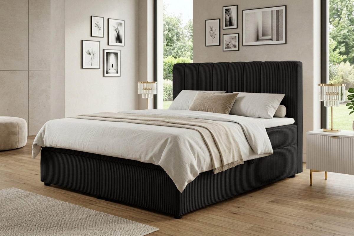 BOXBETT VICTOR 140/200 in Cord Schwarz H4 - Schwarz, Holz/Holzwerkstoff (140/200cm) - Deine Möbel 24