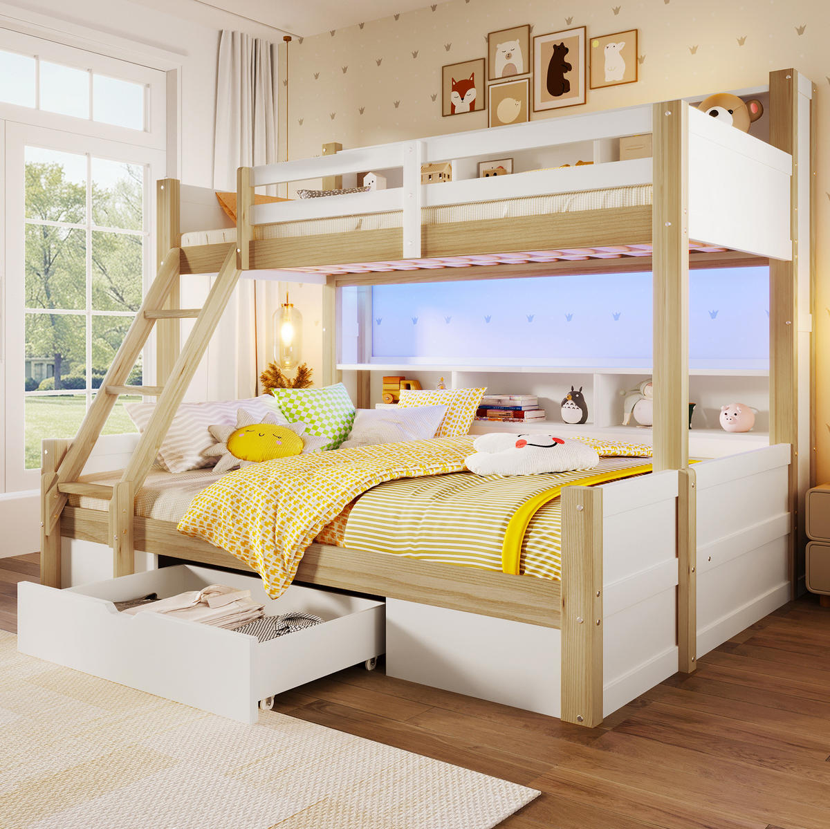 ETAGENBETT 90/200 + 140/200 cm mit LED-Beleuchtung und Stauraum in Weiß/Natur - Weiß, Holz - BEAOK
