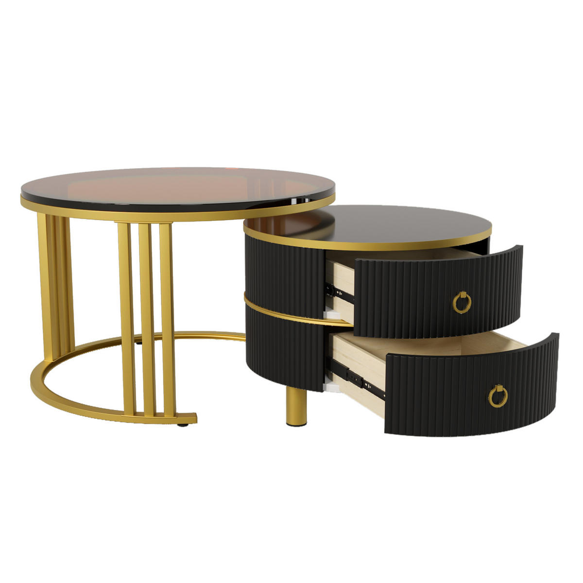 COUCHTISCH-SET 70/70/45 + 50/50/40 cm mit 2 Schubladen, Glas und Hochglanz - Schwarz, Holzwerkstoff (70/70/45cm) - Flora Grace