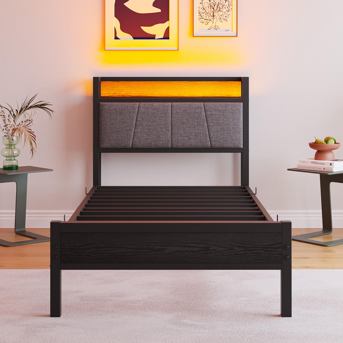 POLSTERBETT 90/200 cm mit LED-Beleuchtung, USB-Anschlüssen, Steckdose und Stauraum-Kopfteil, Schwarz - Schwarz, Holzwerkstoff (90/200cm) - Redom