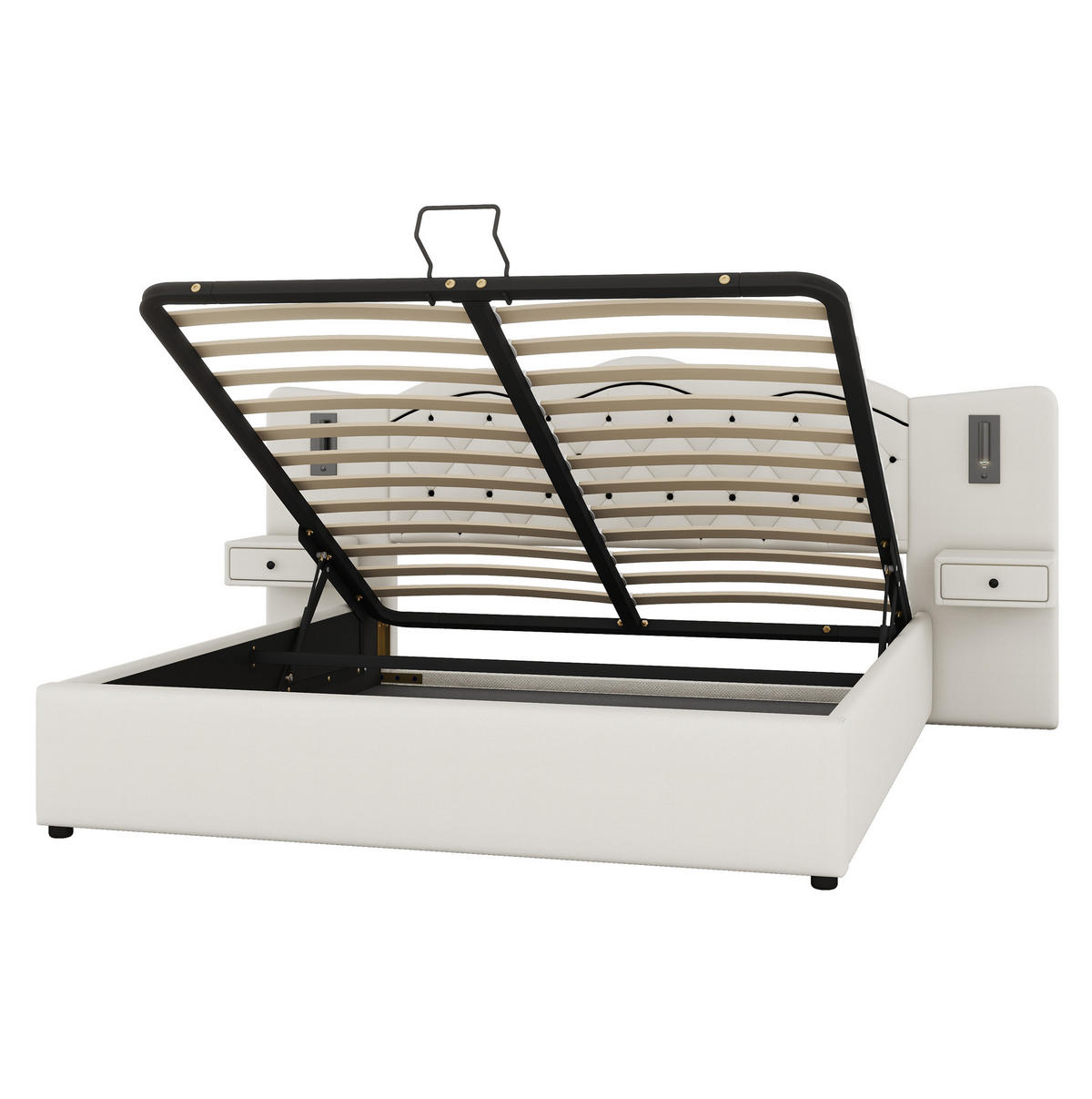 POLSTERBETT 180/200 cm mit USB-Anschluss, Beleuchtung und hydraulischem Bettkasten aus Leinenimitat/MDF, Beige - Beige, Textil (180/200cm) - Redom