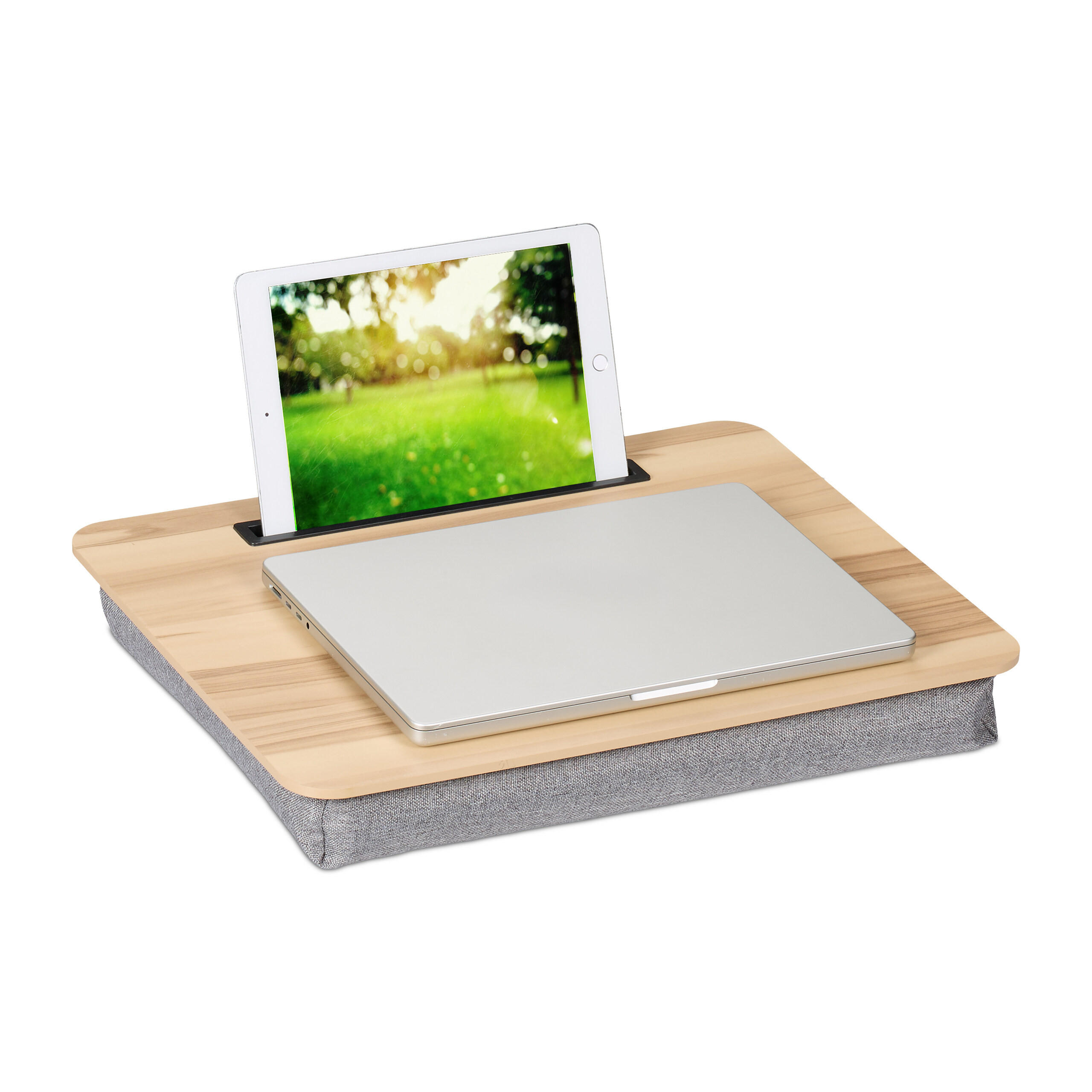 LAPTOPKISSEN Natur mit Handyhalter MDF Leinen 46x35 cm - Multicolor, Holzwerkstoff/Textil (35/46/5.5cm) - Relaxdays