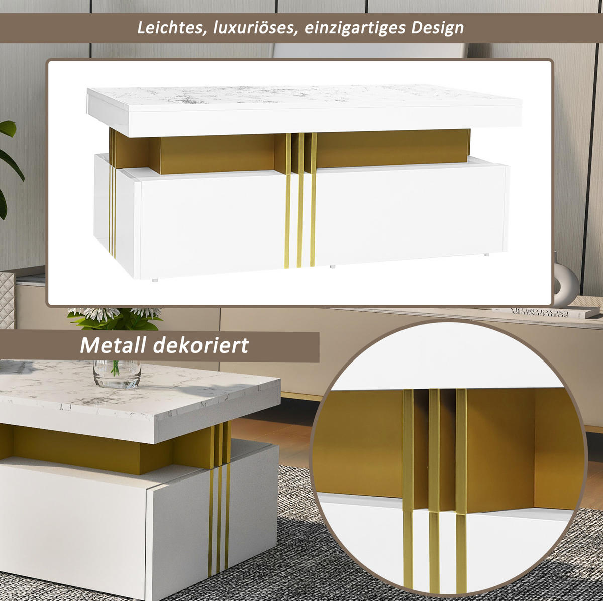 TV-ELEMENT aus Spanplatte, TV-Schrank 200x40x42 cm und Couchtisch 100x50x40 cm, Weiß, mit Schubladen und Marmor-Optik - Weiß, Holzwerkstoff (200/42/40cm) - Modfu
