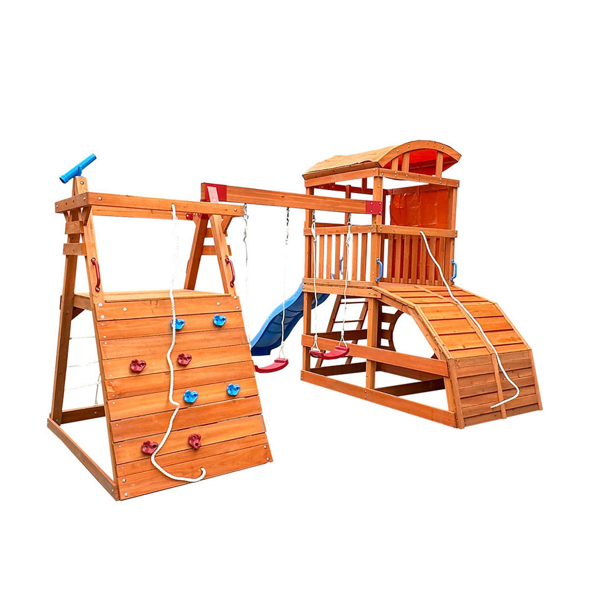 SPIELTURM MIT DOPPELSCHAUKEL NIA - Größe: 420 x 280 cm - Nussbaumfarben, Holz (421/280/449cm) - Home Deluxe