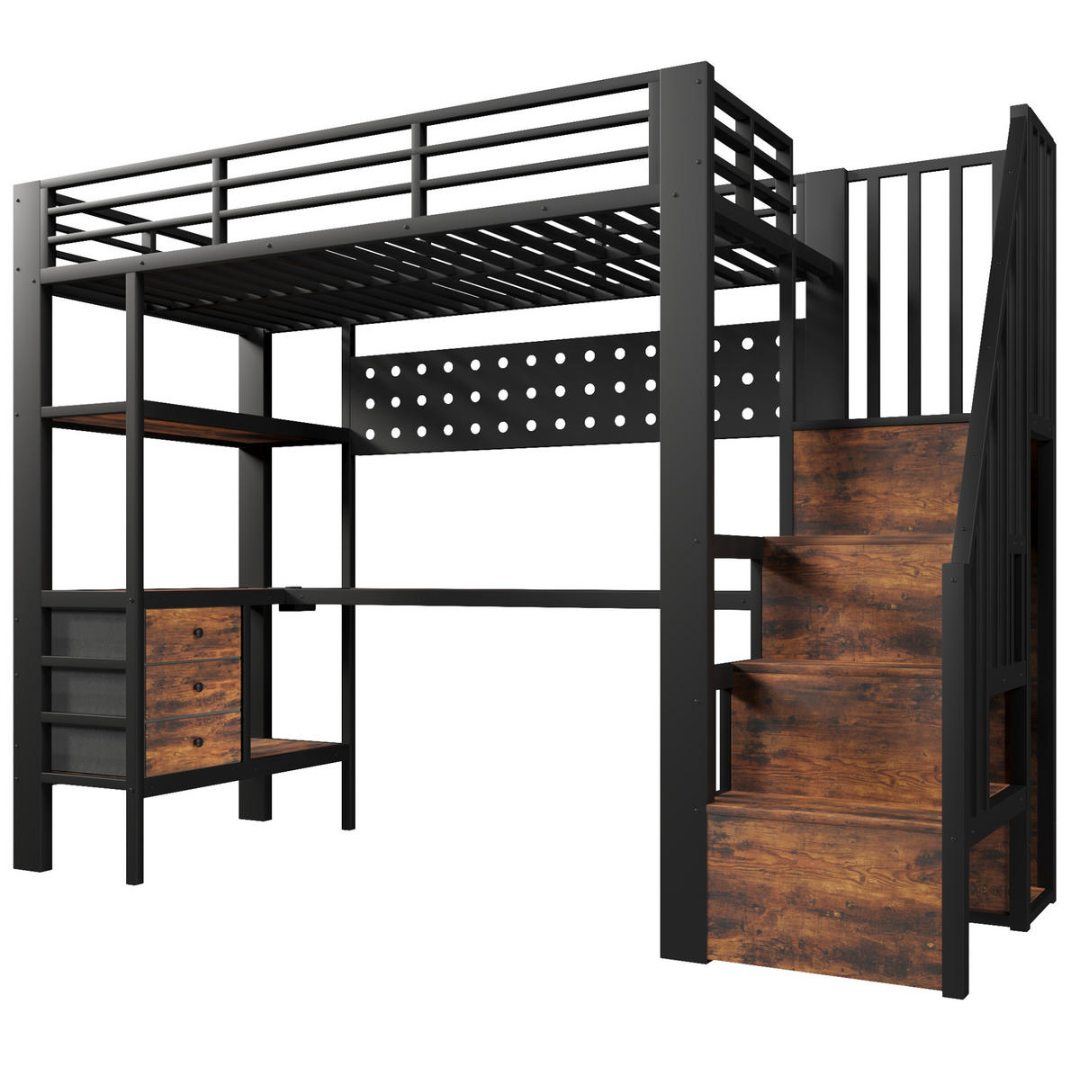 HOCHBETT 90/200 cm aus Metall und MDF mit Schreibtisch, Stauraum, Steckdose und LED-Beleuchtung, Schwarz - Schwarz, Holzwerkstoff (90/200cm) - Redom