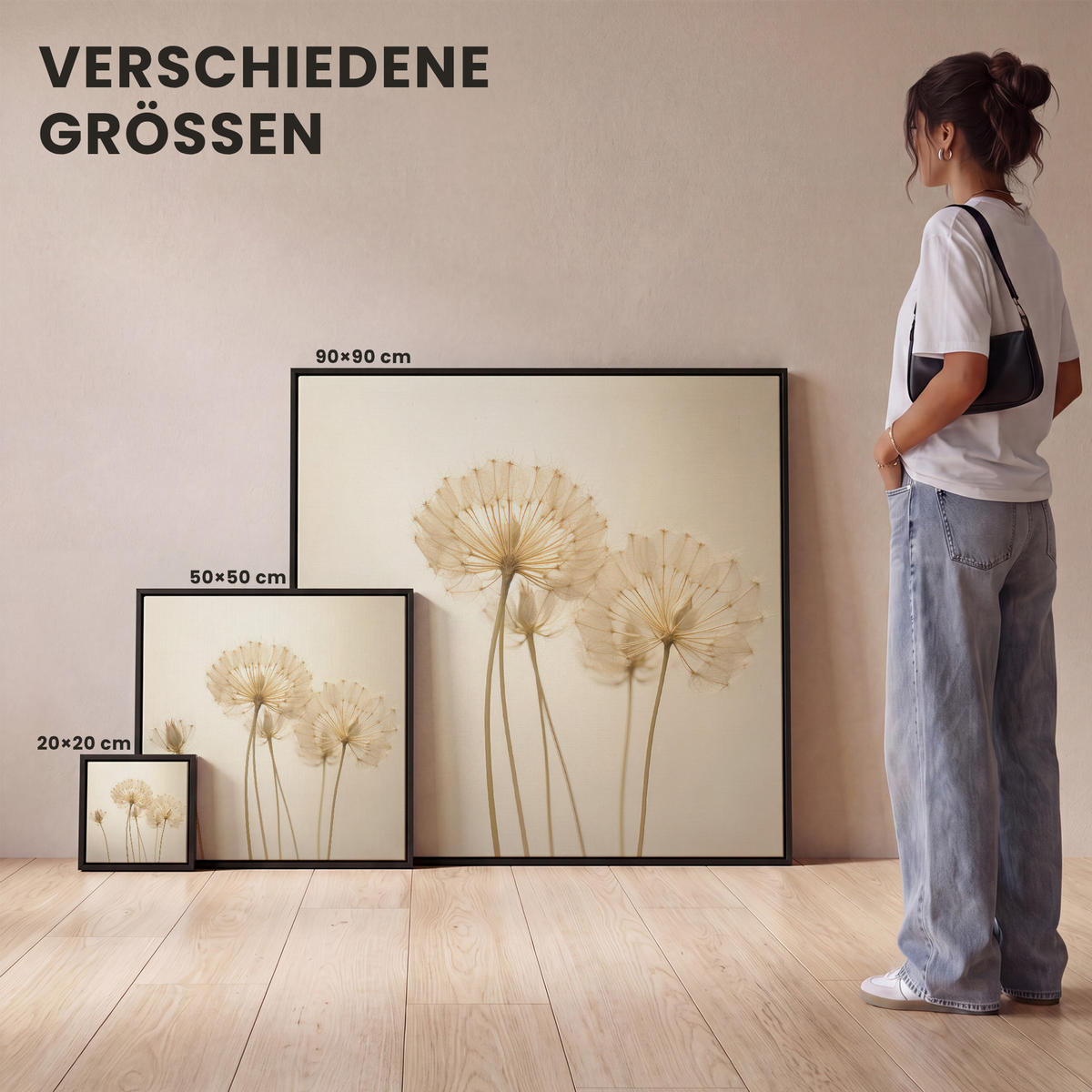 LEINWAND Bilder mit Rahmen - Sonnenlicht - Löwenzahn - Botanisch - Blumen - 90x90 - Creme, Textil (90/90cm) - MuchoWow