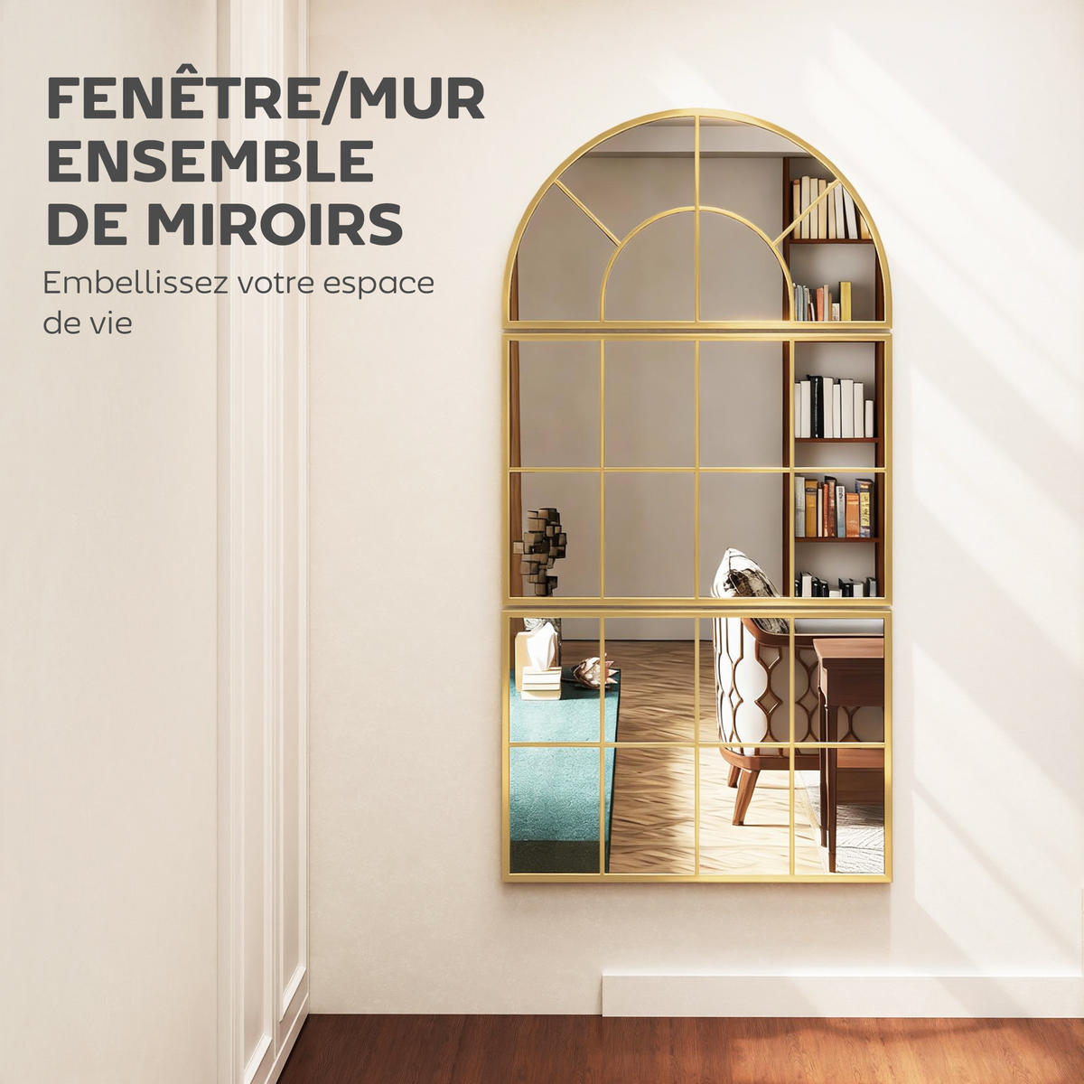 WANDSPIEGEL DE-14325 3-teilig, Fenster-Design Gold - Goldfarben, Glas (76/150/2cm) - ComfortXL