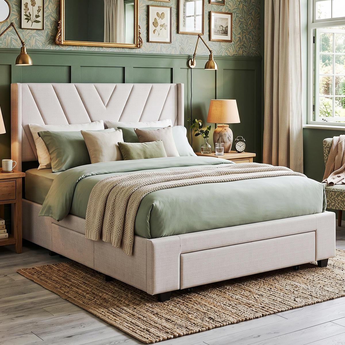 POLSTERBETT Geometrisch 140/200 cm mit 3 Schubladen Leinenoptik Beige - Beige, Textil (140/200cm) - Creahappy
