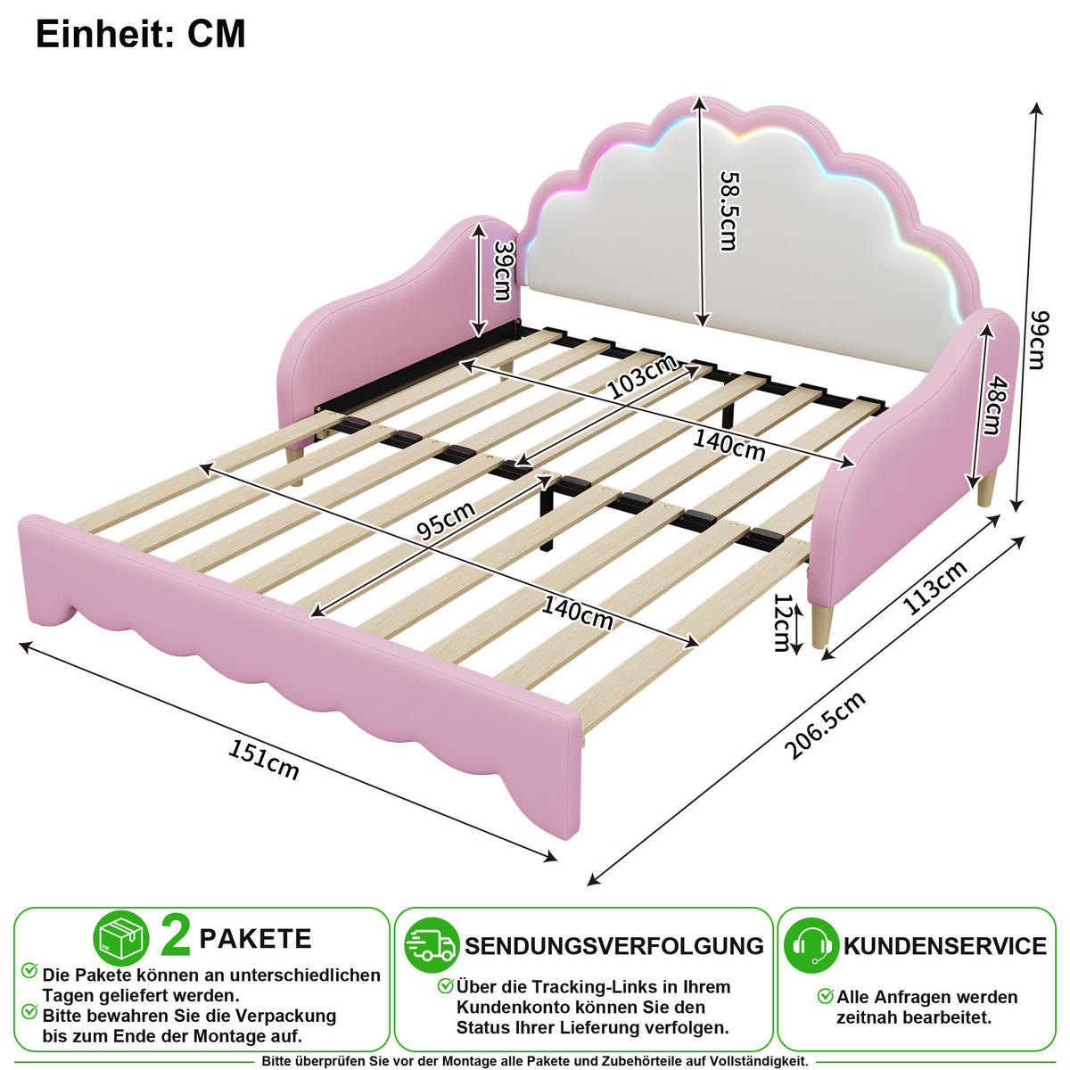 SCHLAFSOFA 140/200 cm in Rosa mit LED - Rosa, Holzwerkstoff/Textil (140/200cm) - CHICFURN