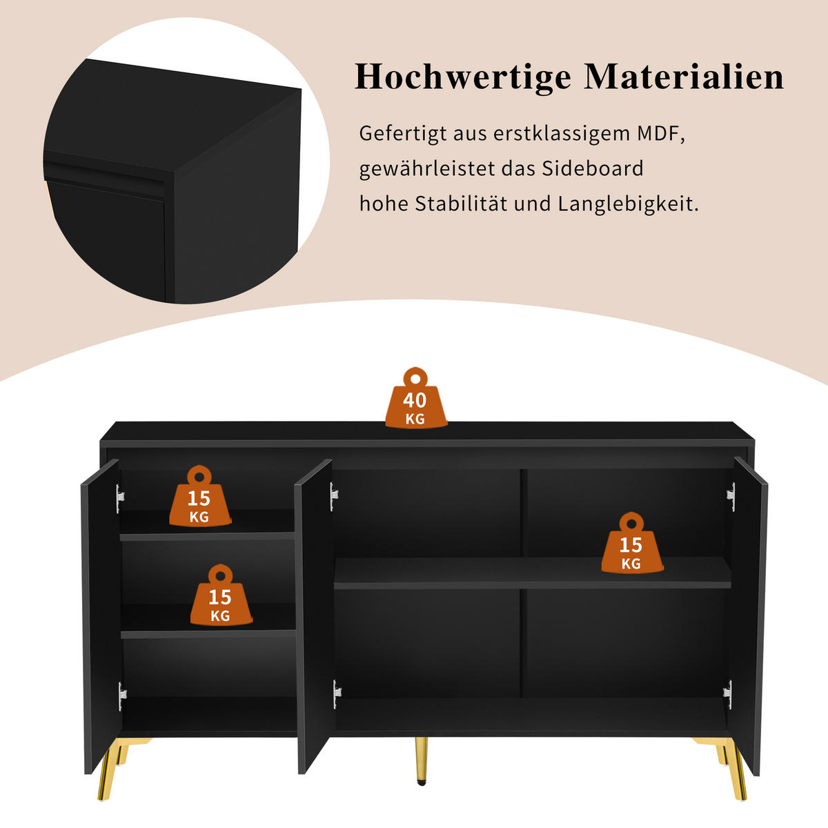 SIDEBOARD Schwarz Gold - Schwarz, Holzwerkstoff (140/80/40cm) - Urban Meuble