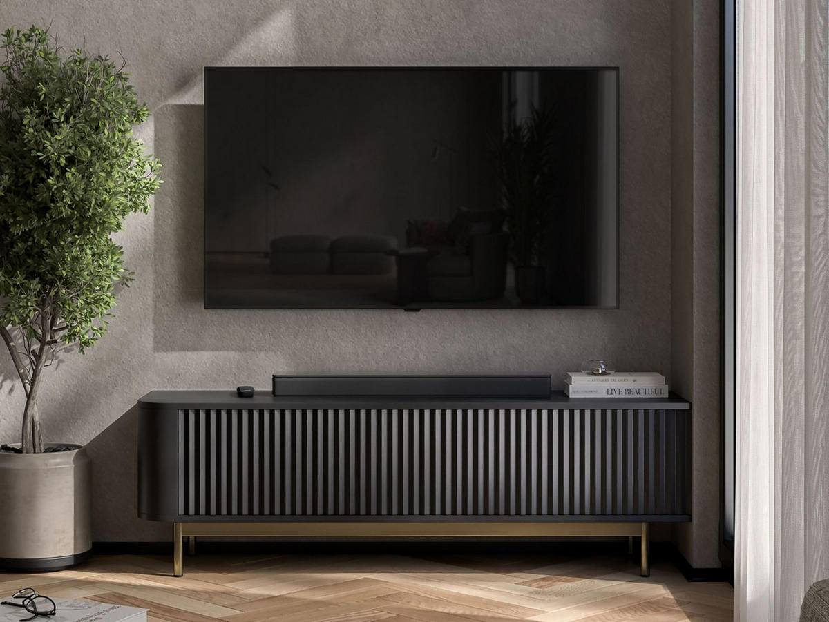 TV komoda Aurora matná čierna 140 cm so zlatým kovovým rámom - čierna/zlatá, kov/kompozitné drevo (140/44/35cm) - Meble Lindner