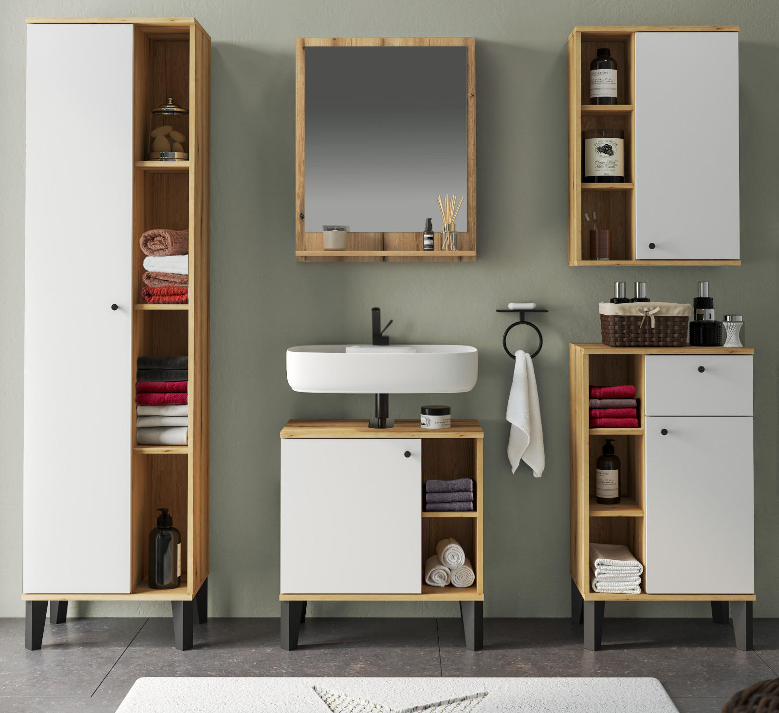 Thumbnail - Furn.Design Badmöbel-Set, Weiß, Eiche, Kunststoff, Nachbildung,Eiche, Uni, 7 Fächer, 1 Schubladen, Rechteckig, 182x190x3...