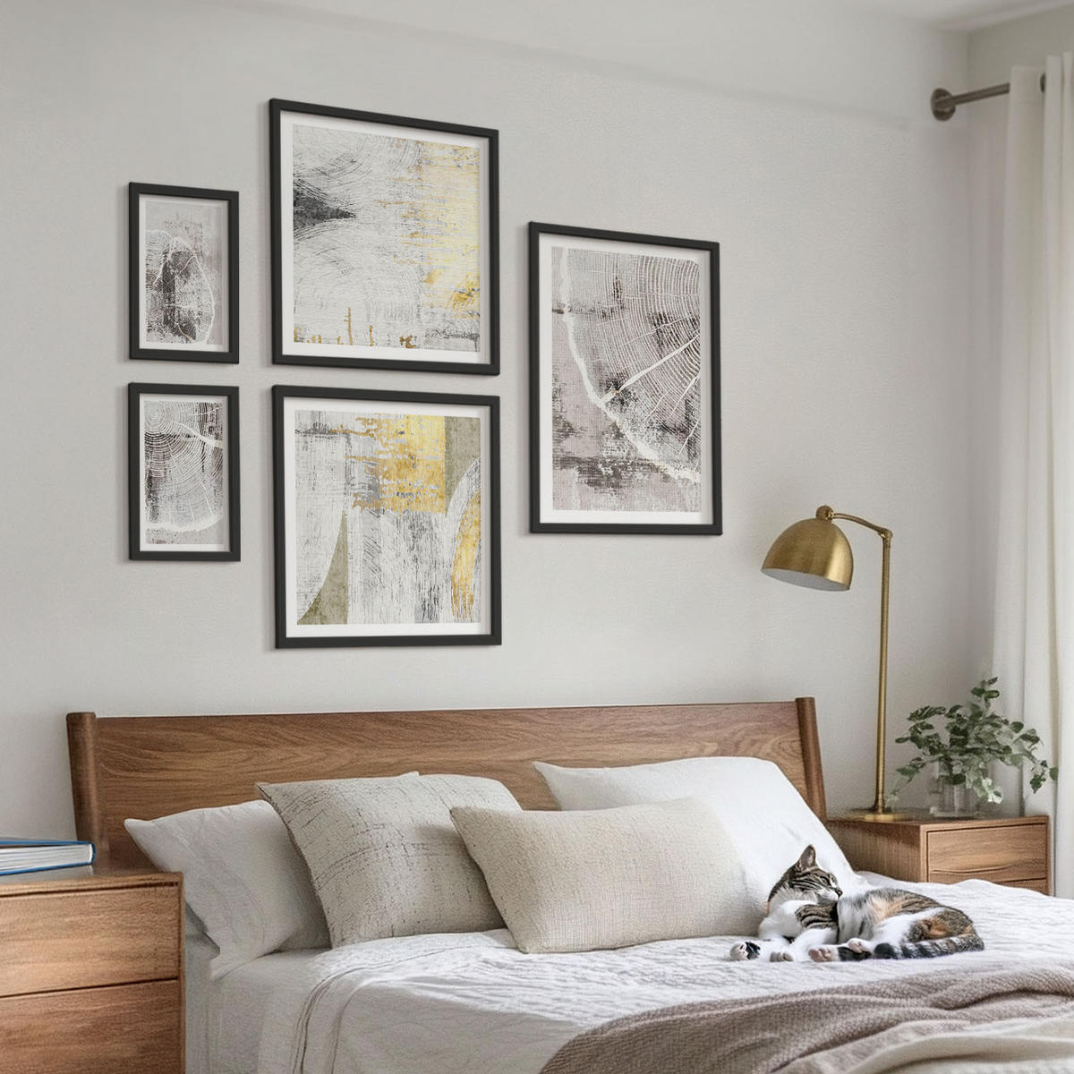 WANDBILDER 5er-Set - 50x50 cm & 20x30 cm & 40x60 cm Schwarzer Rahmen - Beige abstrakte Formen Linien - Schwarz, Kunststoff (40/60cm) - ArtPrintCave