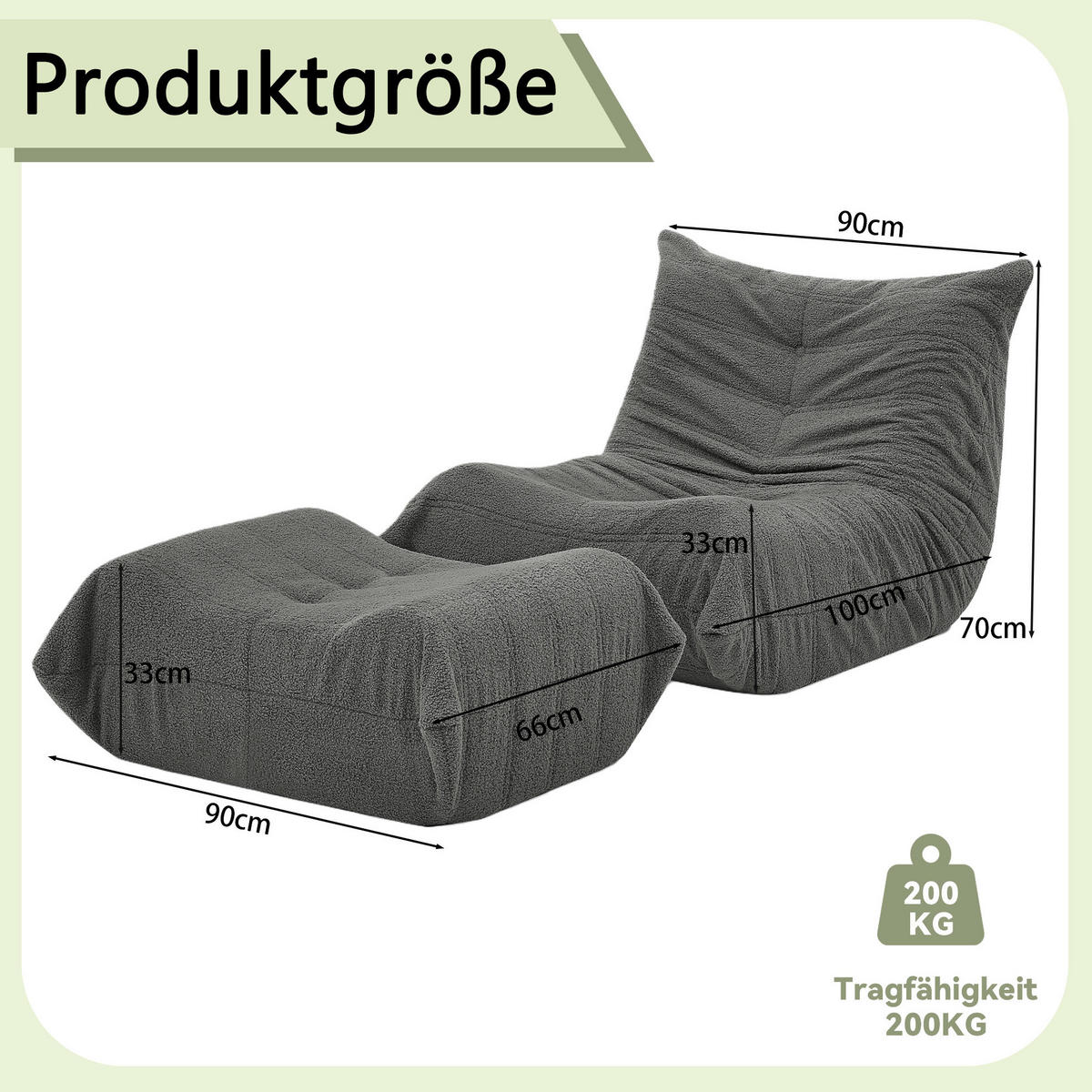 SCHLAFSESSEL mit Fußhocker Teddyfell Grau 2er-Set - Grau, Kunststoff (90/70/100cm) - Beauniv