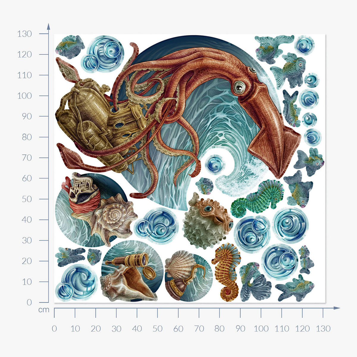 WANDAUFKLEBER 130x131cm - U-Boot - Multicolor, Kunststoff (130/131/0.1cm) - Wallfluent