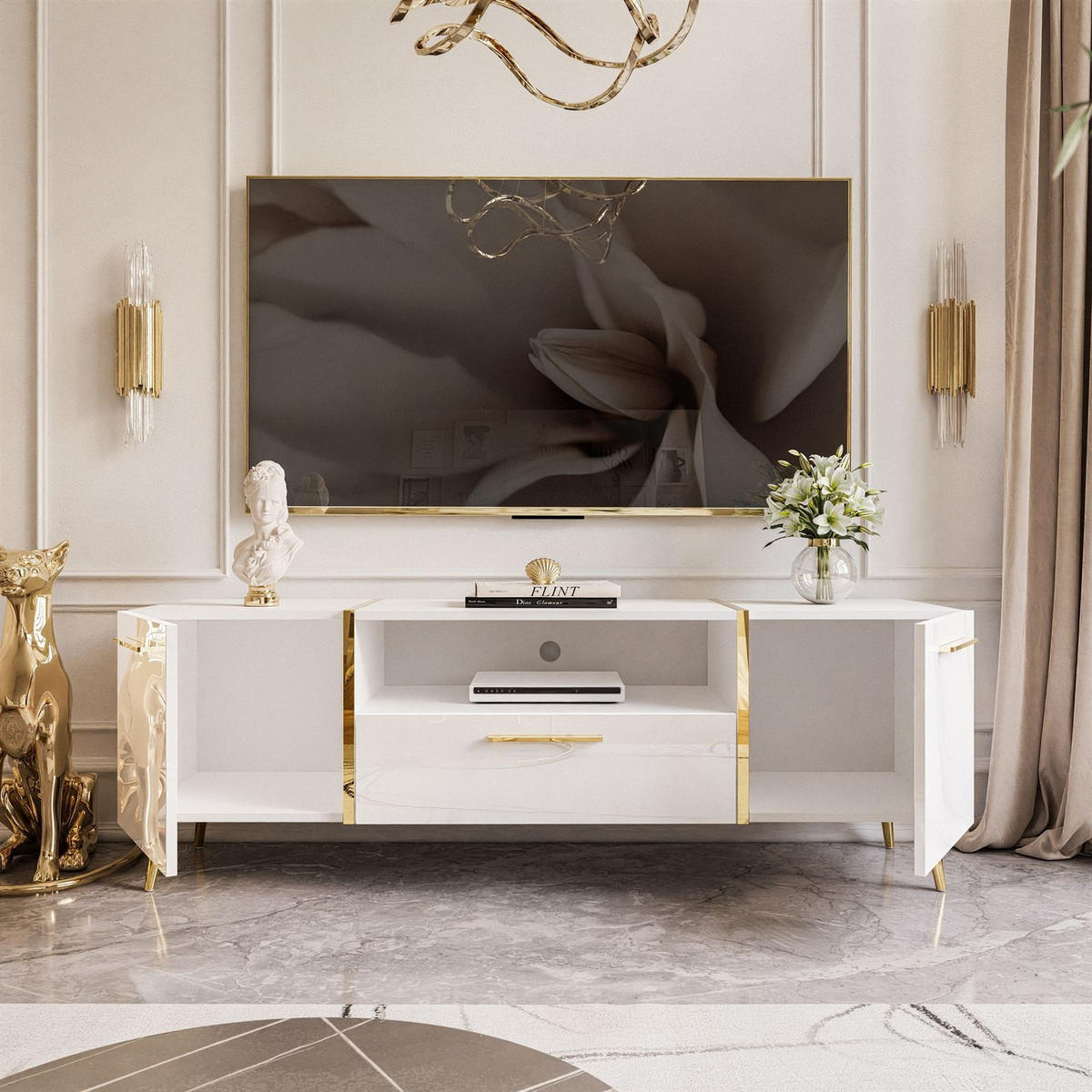 TV-ELEMENT ONYX AUF GOLDENEN BEINEN HOCHGLANZ 158 CM - Weiß, Holzwerkstoff (158/53/41.3cm) - Lookway